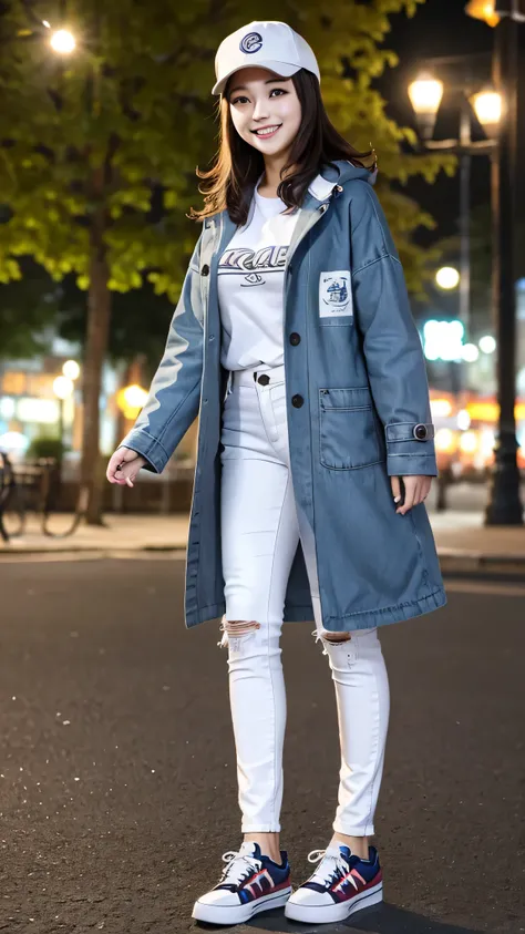 Woman in coat、white jeans and sneakers。Full body photo、Are standing、Wavy Hair、hat、smile、Background is a park at night。.
