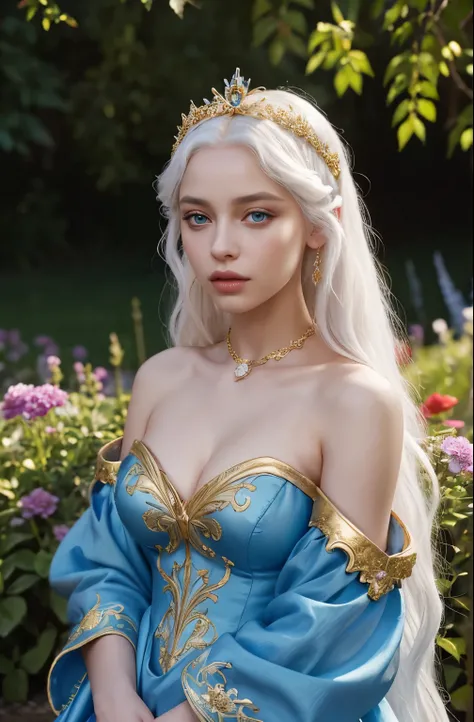 fantasy, Princess Targaryen, full-length, in the garden, a girl with white hair, in a blue dress embroidered with gold threads of rubies and diamonds, with open shoulders, a face similar to Mia Goth, hd