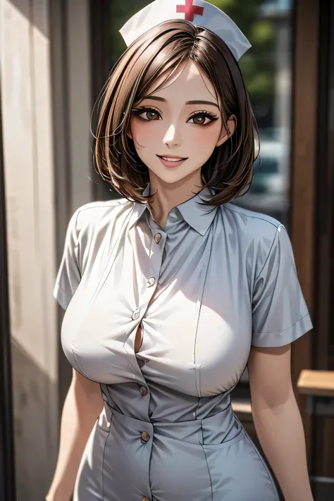 ((1 female, 40 years old)), ((Nurse cap and short nurse uniform)), masterpiece, (Big Breasts), (Big Hips), (Sexy pose), (very tanned and shiny skin),  (Skin dents), photoRealistic, Realistic, alone, photoRealistic, Highest quality, Ultra-high resolution, Y...