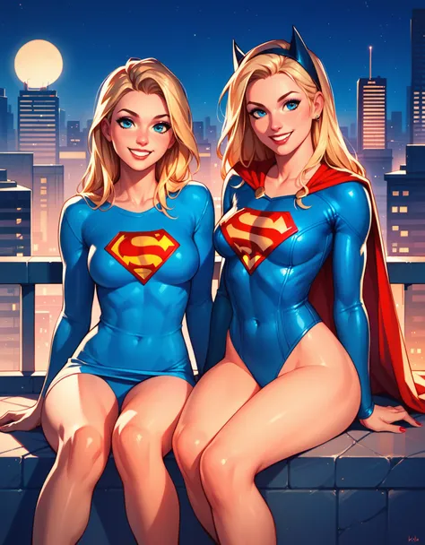 score_9, score_8_up, score_7_up, score_6_up, 2girls, Supergirl and Batgirl, sitting together, smiling, girlfriends, lovers, city rooftop, night, cinematic lighting.