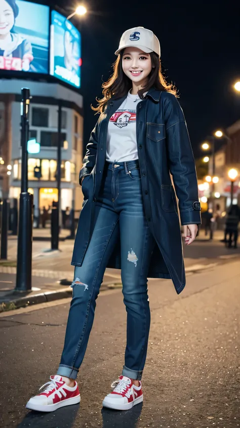 Woman in coat、jeans and sneakers。Full body photo、Are standing、Wavy Hair、hat、smile、Background is a park at night。.
