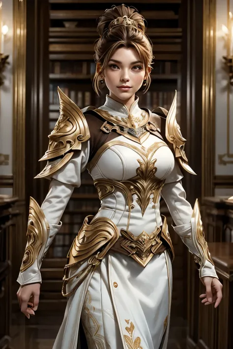 A woman of about 45 years old, with light brown hair tied into an elegant bun. Wears white and gold armor. Taking care of a library. Imposing but not exaggerated appearance, charismatic but diligent features.