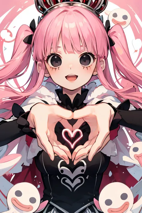 beautiful cute girl,(pink hair:1.2),(drill wave hair:1.1),(black eyes:1.2),((ghost princess:1.1)),smile,(open your mouth:1.1),((hands heart:1.0)),(beautiful hands:1.25).