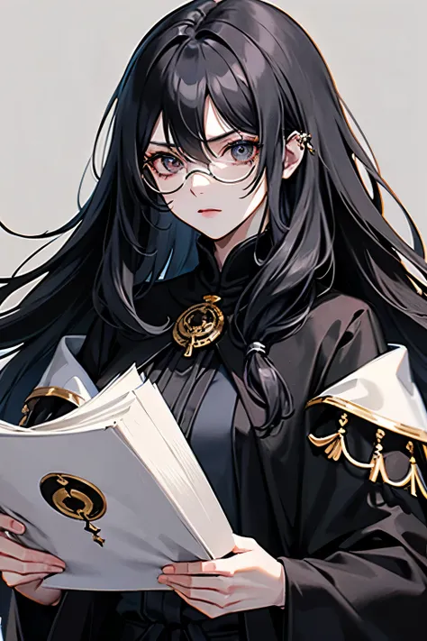 A mysterious woman with gray skin, around 30 years old, with long black hair, Piercing and serious eyes. Wear dark and simple clothes. Keep secret library files, black and gold ceremonial robes, carrying papers, using a simple monocle