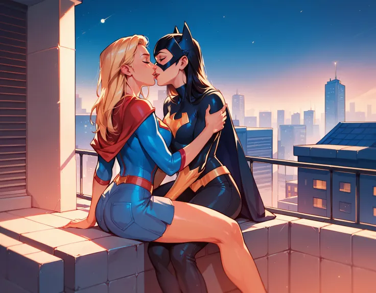 score_9, score_8_up, score_7_up, score_6_up, 2girls, Supergirl and Batgirl, sitting together, yuri, girlfriends, lovers, imminent kiss, city rooftop, night, cinematic lighting.