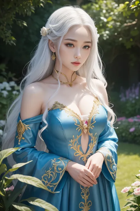 fantasy, Princess Targaryen, in the garden, a girl with white hair, in a blue dress embroidered with gold threads of rubies and diamonds, with open shoulders, looks like Jessie Mae Lee,, hd