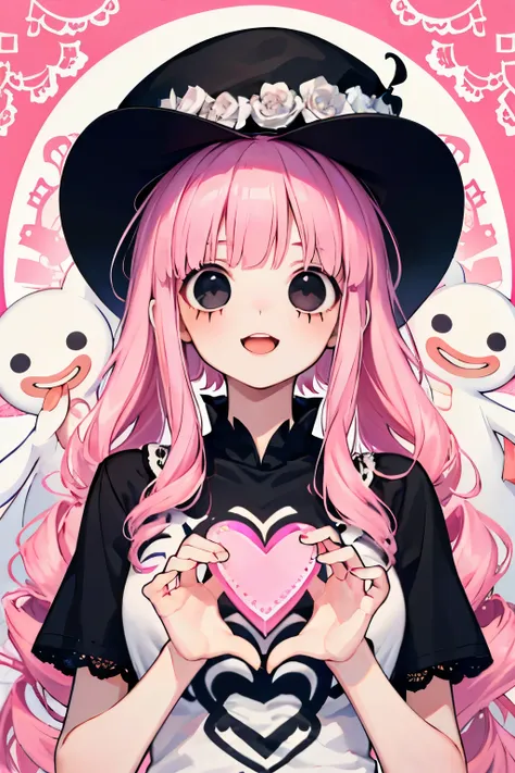 beautiful cute girl,(pink hair:1.2),(drill wave hair:1.1),(black eyes:1.2),(ghost princess:1.1),(short sleeve foodie:1.2),(lace:...