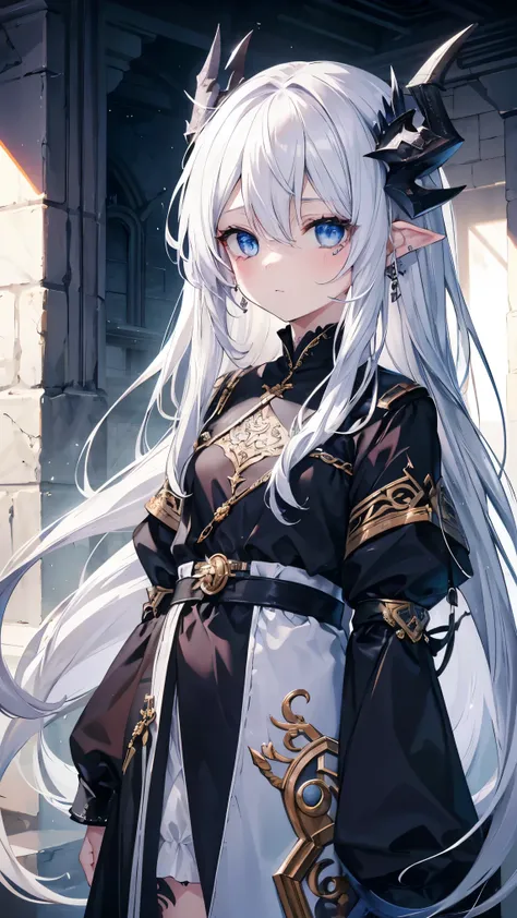 ,girl,Highest quality,,Silver Hair,,blue eyes,,White skin,Sleepiness,Long Hair,,Half an eye,rock,Restraints,small胸,,Dragon Horn,,Tattoo,small,Dragon&#39;s Wing,Gothic Dress,