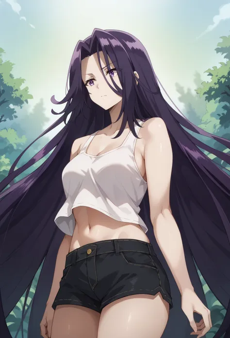 aurora,tall woman, long hair, purple hair, very long hair, purple eyes,white tank top,midriff,navel,black shorts