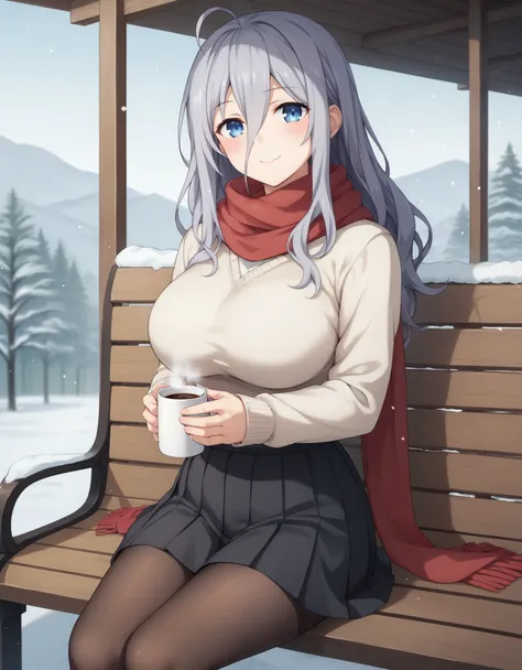 a beautiful girl holding a mug of coffee sitting on a bench outside, red scarf, 1girl, solo, pantyhose, white sweater, skirt, sm...