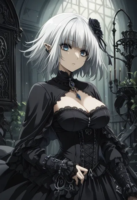 1 girl,short hair,white hair,blue eyes,elf,big breast,Official Art, Unity 8k wallpaper, ultra-detailed, beautiful, beautiful, ((New Goth gal:1.4)), masterpiece, best quality, dark, atmospheric, mystical, romantic, creepy, literature, art, fashion, victoria...