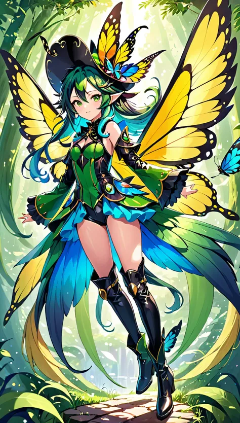 ((best quality)), ((masterpiece)), (detailed), swallowtail butterfly wings, big wings, pointed hat, multicolored hair, big hair, green clothes, leather boots, Spread colorful feathers, Fantasy art, fantasy anime, pointy ears