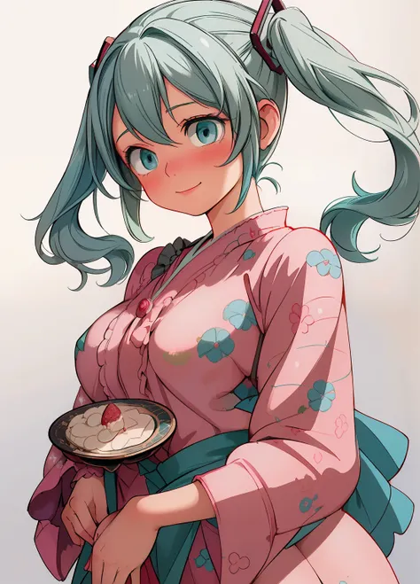 (masterpiece、Highest quality、Highest quality、Official Art、Beautiful and beautiful:1.2)、(One girl:1.3)Hatsune Miku、Twin tails,Beautiful breasts, Katsushika Hokusai,9. Sweet Moments：Beautiful maiden in a maroon dress，holding a cake，She smiled.、I shared this ...