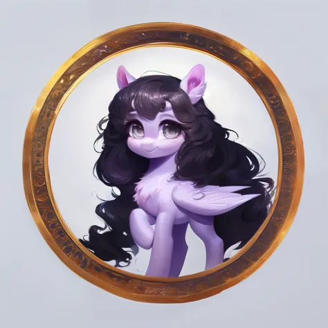 rating_safe, score_9, fluffy, feral pegasus pony, female, round cute face, Lavender purple body, black-purple mane, disheveled hair, soft and delicate long hair, clear grey eyes, grey eyes, smiling. dynamic。young and beautiful。。Standing picture, Ray Tracin...