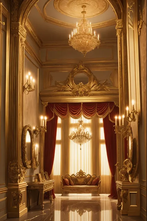 a lavish elegant baroque interior, ornate antique decor, golden chandelier, intricate moldings, luxurious velvet curtains, richl...