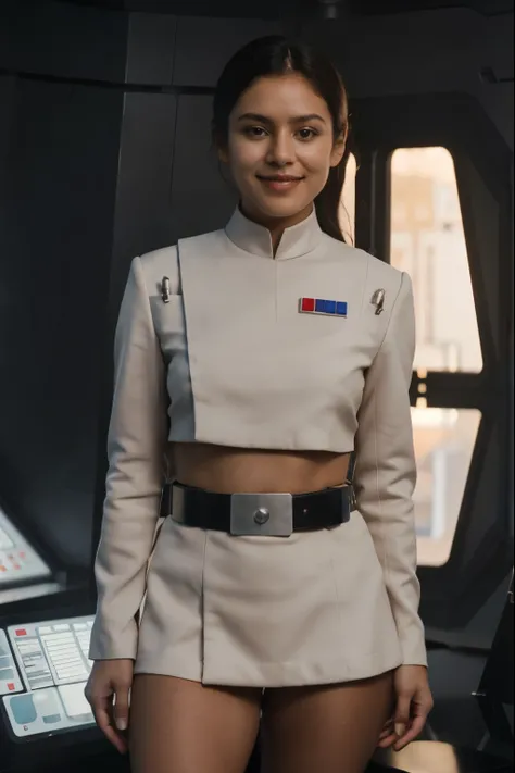 fashion photography of a smiling 18 year old Mexican woman wearing a revealing white imperialofficer uniform, sexy imperialofficer uniform, (crop top:1.1, nude legs, bare legs), brown left sleeve,Moonbase Alpha Main Mission Control Room, sexy pose, subsu...