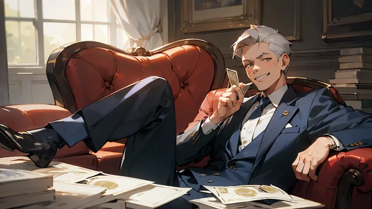 ((best quality)), ((masterpiece)), (detailed), One male politician, all-back hair, 60 years old, suit, sitting on a chair and counting money, grinning, scary expression,bad idea look