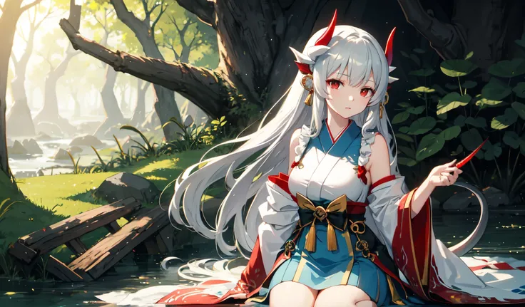 kiyohime, kiyohime, Gray Hair, Dragon Girl, dragon horn, horn,, (Red eyes:1.5),Mysterious Forest