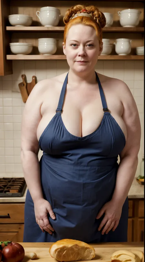 Reminiscent of Evan Rachel Wood, a fifty-year-old woman, with a tall and hefty build, large breasts, a black bun for hair, the ideal amount of chubbiness, being overweight, and squinting, she is a master of quality. Working in the kitchen, wearing a naked ...