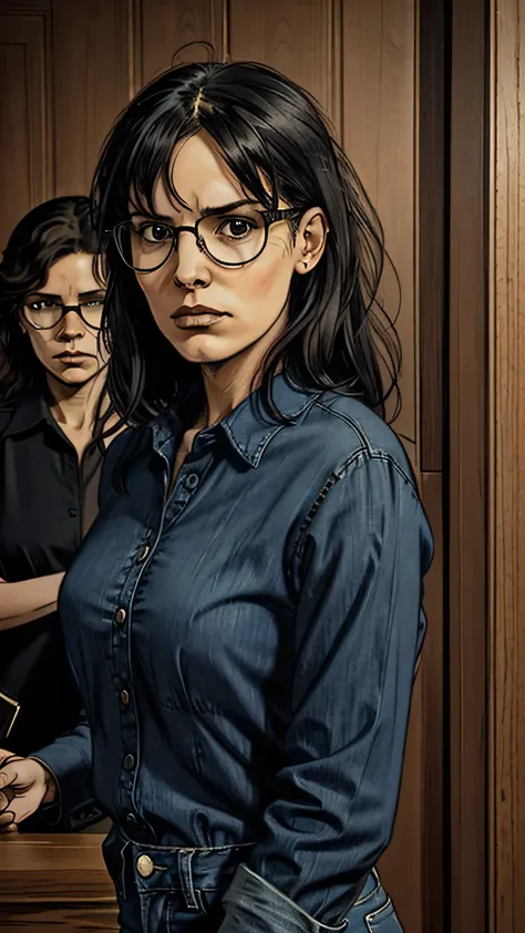 an angry woman in a blue shirt, normal jeans and glasses stands in a courtroom, positioned in front of a wooden wall, full body ...