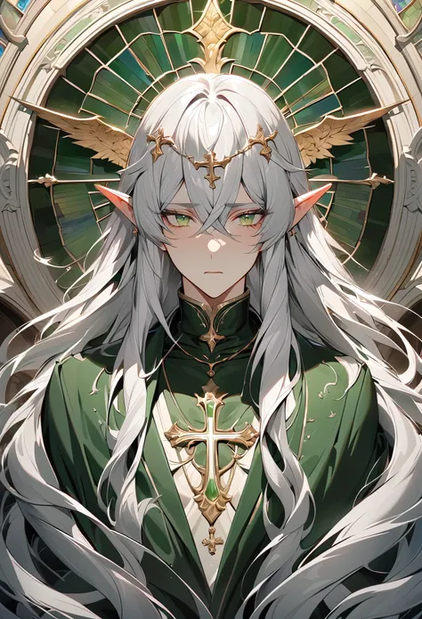 male, curtained hair, silver hair, shiny hair, absurdly long hair, halo, Light green eyes, A look of pity, dropping eyes, Elf ears, Divine, Dark green godfather robe, Silver cross necklace, Church stained glass window, Colored windows, Painting on the stai...