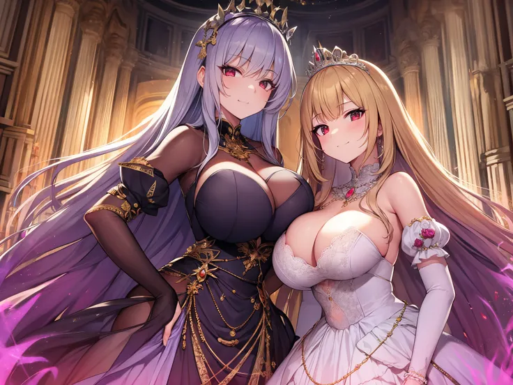 anime artstyle,((((An old queen and a teenage princess with different hair colors)))),couple focus,((absurdly long Straight hair,Red Eyes)),(((beautiful embroidery and jeweled gorgeous rococo ballgown with voluminous full length crinoline hoop skirt))),(((...