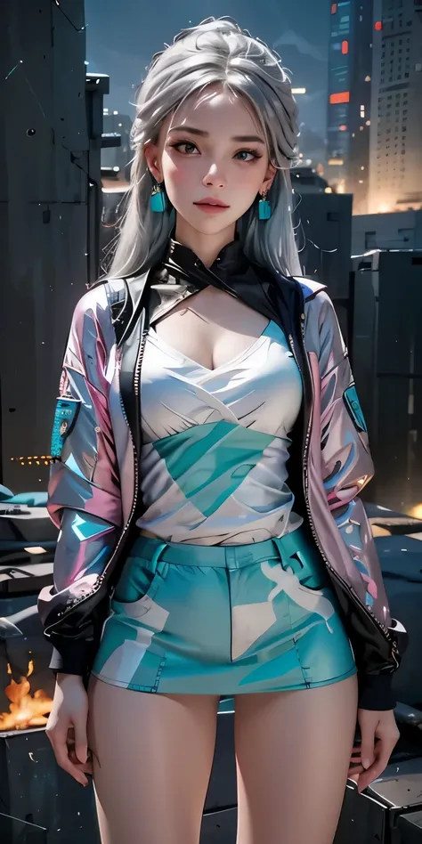 (table top, best quality, night:1.4), (cowboy shot, silver hair:1.9), 8k, absurd, Beautiful girl, (wearable computer:1.4), cyberpunk, Cybergoth, (cyberpunk outfit, fluorescent pink accents, Shining pink line on a short jacket:1.5), neon, bracelets and chok...