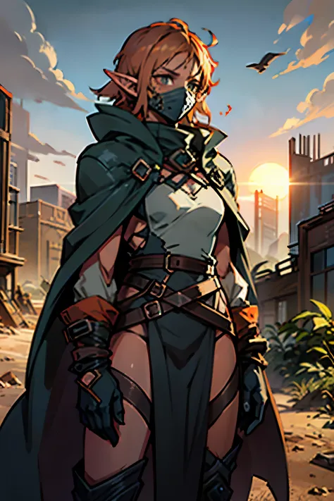 A cloaked elf runner in desert gear, standing atop a crumbling skyscraper, with the wind whipping sand around. The high-tech mask glows faintly as the elf surveys a city buried in dunes, where broken glass and rusted metal structures poke through the sands...