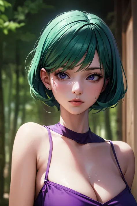 Latte 867, One girl, alone, (Forest Green Hair:1.2), Asymmetrical haircuts, (Purple clothes:1.2) masterpiece, Highest quality, photoRealistic, Realistic, (RAW Photos, 8K Ultra HD, Film Grain), Caustics, Scattered beneath the surface 