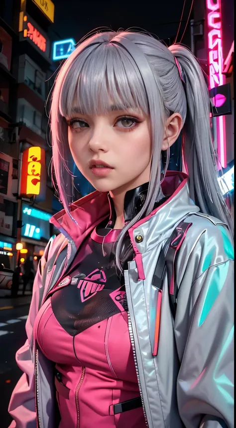 lucy \(cyberpunk\), 1 woman,  hair tie, hime cut, silver hair, colored tips, full moon, gray eyes, jacket, long sleeves, looking...