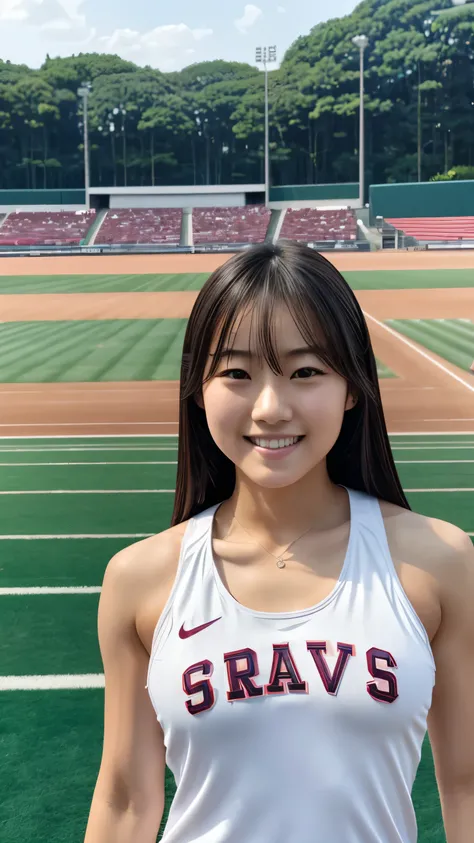 Highest quality、Realistically、Radiant Skin、Japanese women、Around 20 years old、Gravure idol、Ample breasts、Good body、Athletics stadium with spectators、Athletics、Numbered bib number、uniform、Pose with a smile、Five fingers、