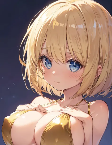 Official art using high quality hand-drawn watercolor sketch techniques,Embarrassed girl with gold bikini about to come off　Sheet milk exposed　Transverse chest (Little Girl:1.5)(Small body) (blonde:1.5）(eyelash:1.2) (Short Bob Hair:1.4), (Blue eyes)(Big Br...