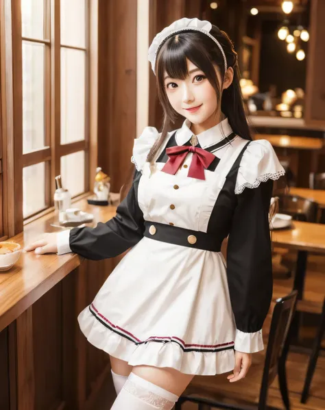 Photoshoot of a girl wearing a maid-cafe outfit and white knee-high socks, embodying a cosplay aesthetic. She is standing in a cozy cafe lounge with soft lighting that highlights her slim build and . Her parted lips and fair complexion add to her charming ...