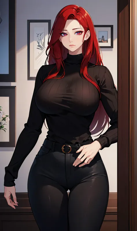 (Uhd, Masterpiece, Textured Skin, Super Detail, High Details, High Quality, Best Quality), Detailed Face, 1woman, mature pretty woman, Long red hair, (black sweater), (black pants), (Huge Body:1.5, tall), standing, (Low-sized breasts)