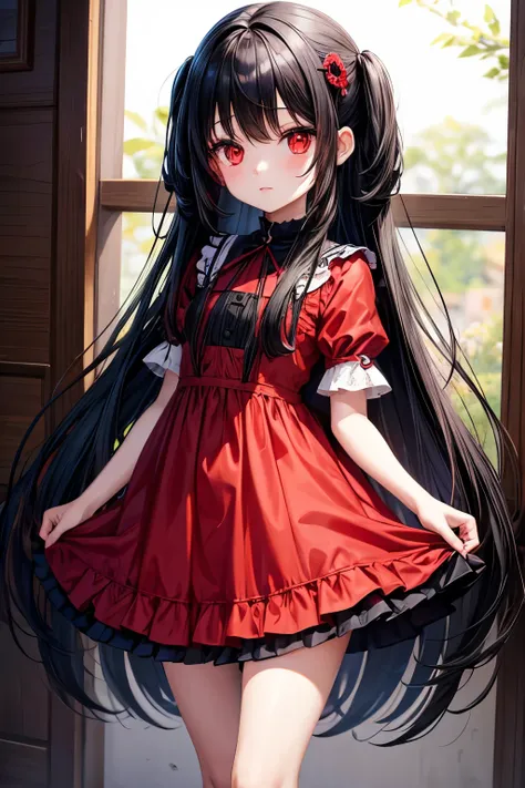 Long black hair，red eyes，loli，little girl，dress