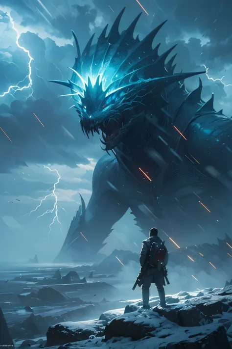 A very detailed painting， ice world, Depicts a man　have a weapon on a hill gazing at a giant alien monster lightning rain breath, author：Shinkai Makoto, By Art Jem, From Wlop, author：Greg Rutkowski, Volumetric Lighting, Octane Rendering, 4K resolution, Pop...