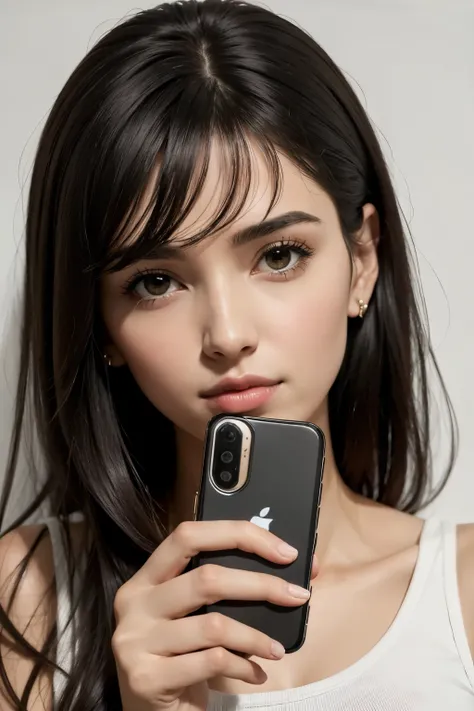 ((melhor qualidade)), ((obra de arte)), (detalhado), 1 garota, suéter ombro a ombro,Create an image of a dark-haired woman holding a phone, clearly indicating that she is a content creator.