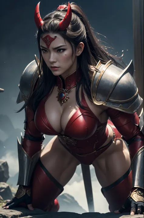 8k,(Samurai)、Devil Mask、Super Beauty(Like the real thing)、Red Armor Solo Adult Devil Woman、Muscular macho body type,Super Muscular Beauty,Bodybuilding,(Equipped with a long and large spear)、Mature Woman Big Woman Devil。Sturdy jaw(Like the real thing),Stand...