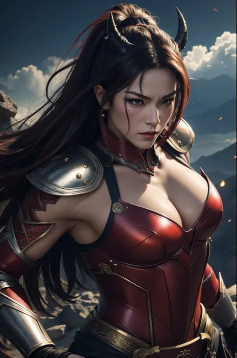 8k,(Samurai)、Devil Mask、Super Beauty(Like the real thing)、Red Armor Solo Adult Devil Woman、Muscular macho body type,Super Muscular Beauty,Bodybuilding,(Equipped with a long and large spear)、Mature Woman Big Woman Devil。Sturdy jaw(Like the real thing),Stand...