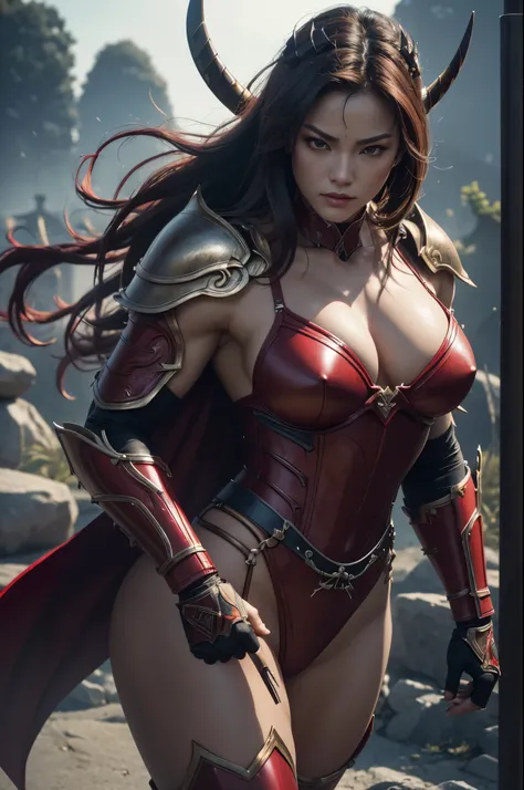 8k,(Samurai)、Devil Mask、Super Beauty(Like the real thing)、Red Armor Solo Adult Devil Woman、Muscular macho body type,Super Muscular Beauty,Bodybuilding,(Equipped with a long and large spear)、Mature Woman Big Woman Devil。Sturdy jaw(Like the real thing),Stand...