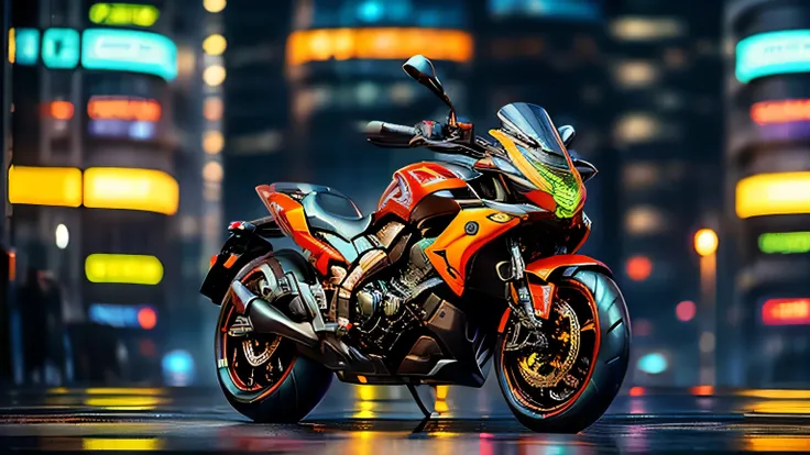 Female Cyborg full body game character design with neon glowing accents in her futuristic cyborg android muscular full body, with a futuristic city as a background, warm and cold ambient mood Background, foggy and windy scenery, and futuristic motorbike pa...