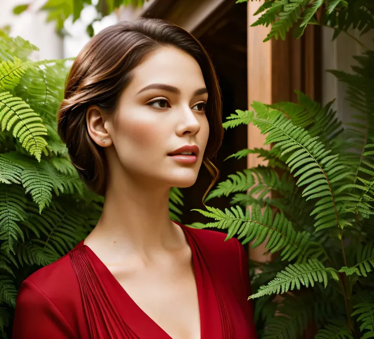 woman in red shirt looking up at a fern in a garden, elegant profile posing, side portrait imagery, elegant profile pose, side profile portrait, beauty shot, side profile centered portrait, profile posing, portrait shot, profile portrait, stunning elegant ...