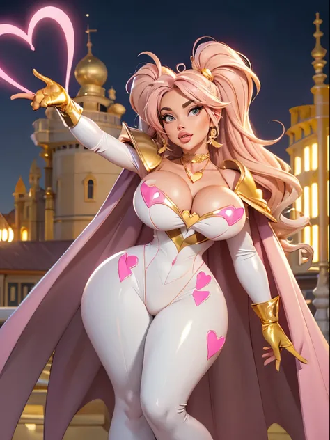 wavy blonde hair, pink highlights,pink thick lips, beautiful long legs, glowing skin, goofy smile,twintail, white bodysuit,((bodysuit with gold details)), gloves, golden neckline,full body standing,strapless dress,((heart shaped neck necklace)),city at nig...