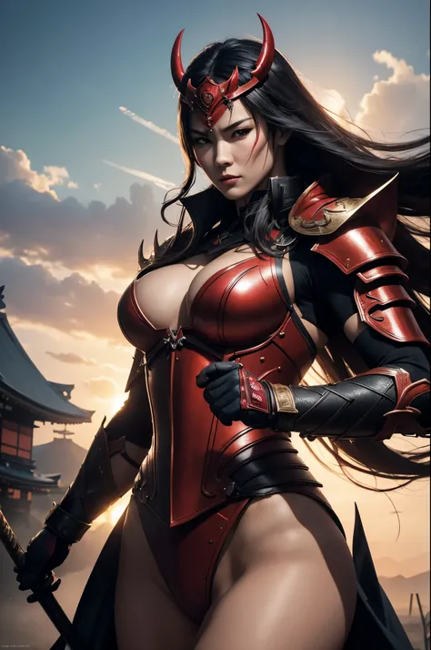 8k,(Samurai)、Devil Mask、Super Beauty(Like the real thing)、Red Armor Solo Adult Devil Woman、Muscular macho body type,Super Muscular Beauty,Bodybuilding,(Equipped with a long and large spear)、Mature Woman Big Woman Devil。Sturdy jaw(Like the real thing),Stand...