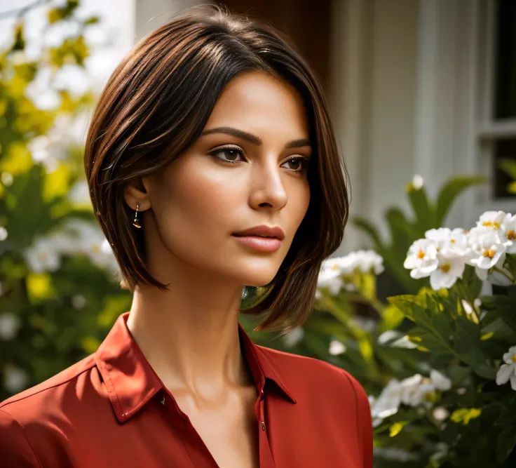 The image shows a beautiful 40-year-old woman with tanned white skin and short brown hair, wearing a vibrant red blouse, looking up at something in the air, lost in thought, womans face looking off camera, looking to the side off camera, thoughtful and hop...