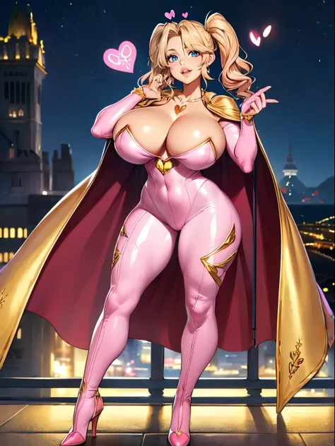 wavy blonde hair, pink highlights,pink thick lips, beautiful long legs, glowing skin, goofy smile,twintail, white bodysuit,((bodysuit with gold details)), gloves, golden neckline,full body standing,strapless dress,((heart shaped neck necklace)),city at nig...