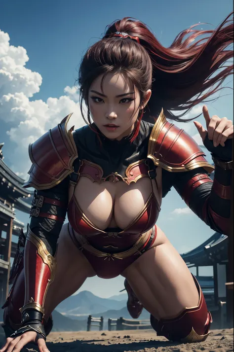 8k,(Samurai)、Devil Mask、Super Beauty(Like the real thing)、Red Armor Solo Adult Devil Woman、Muscular macho body type,Super Muscular Beauty,Bodybuilding,(Equipped with a long and large spear)、Mature Woman Big Woman Devil。Sturdy jaw(Like the real thing),Stand...