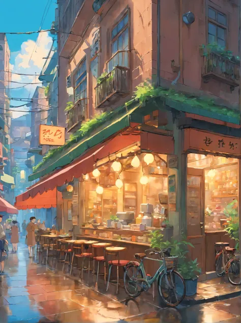 Portrait of a cafe, wet street, buildings, crowded street without people, cycle, rubbish, nostalgia, super quality, high detail, 