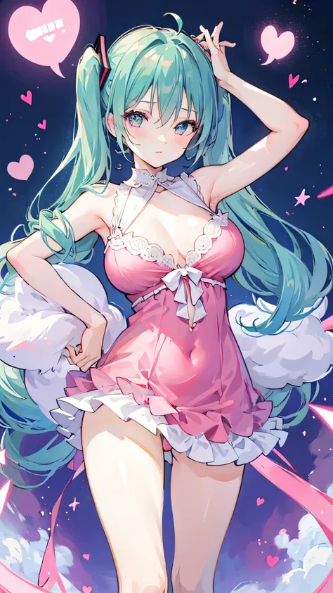 Hatsune Miku, huge tits , pink dress with hearts , visible underwear , FLOWED, rainbows and hearts 