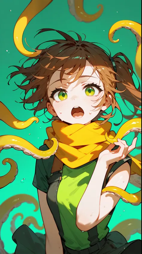 1 Girl，Positive face，Facing the camera，Brown side ponytail，Green eyes，Dark green windbreaker，Golden scarf，Solid color background，Messy bangs，Open your mouth，Octopus tentacles，Character entangled by tentacles，Reach out，Hand focus，sweat